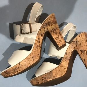 Womens size 6.5 white  cork heels with cross strap